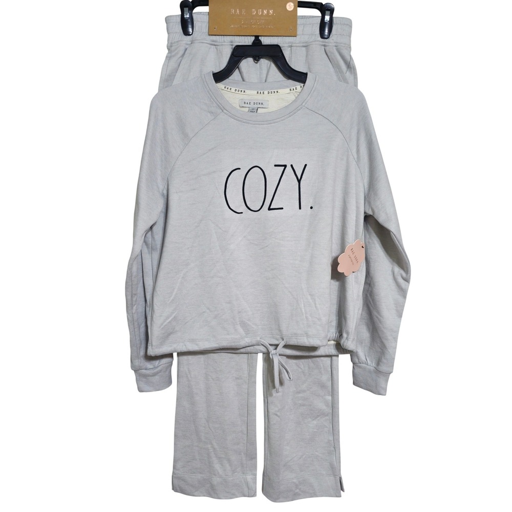 Rae Dunn Womens 2 Piece Cozy Sweatshirt and Pant Lounge Set Light Heather Grey S